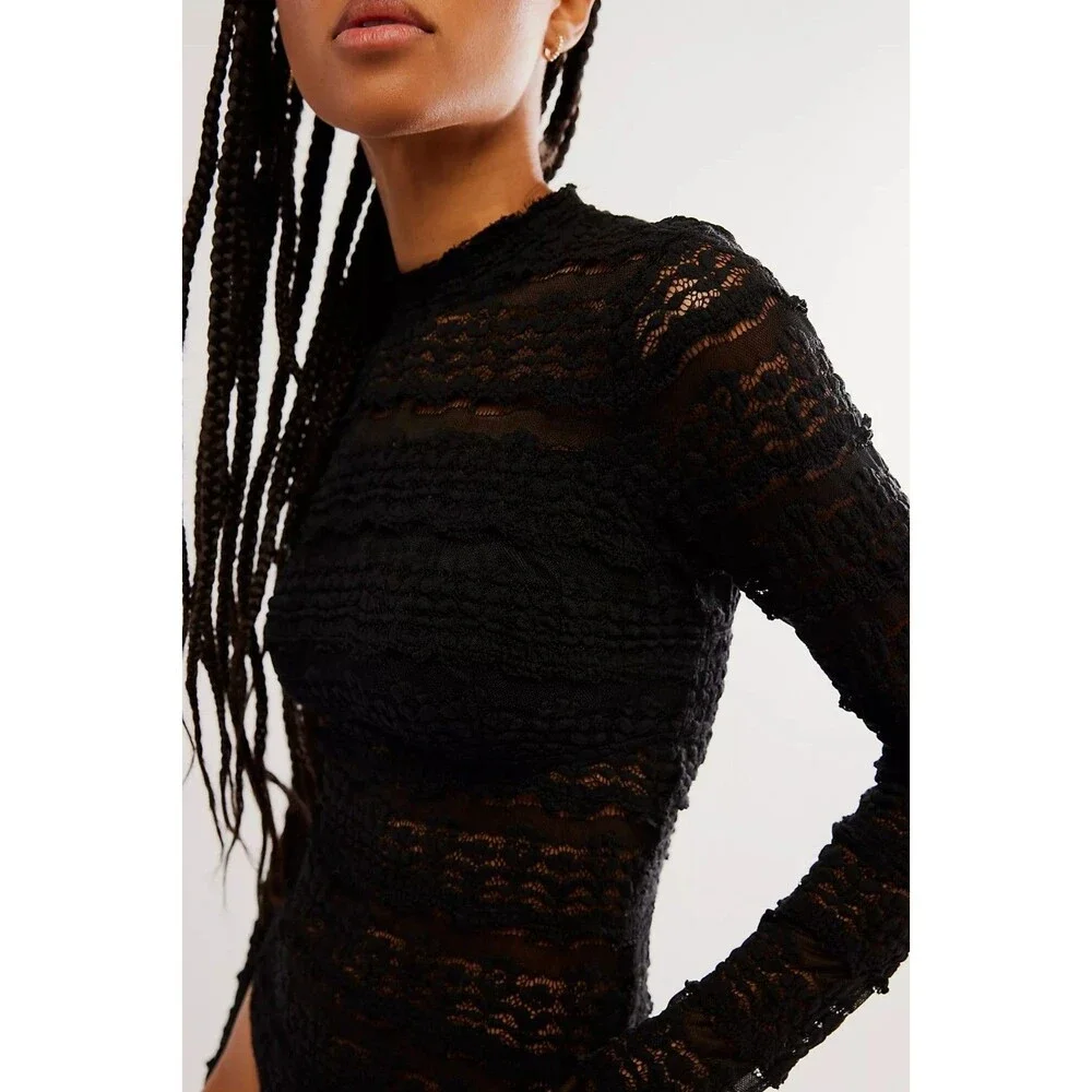 Free People Intimately Angelina Bodysuit Top Sheer Long Sleeve Black XS 289802